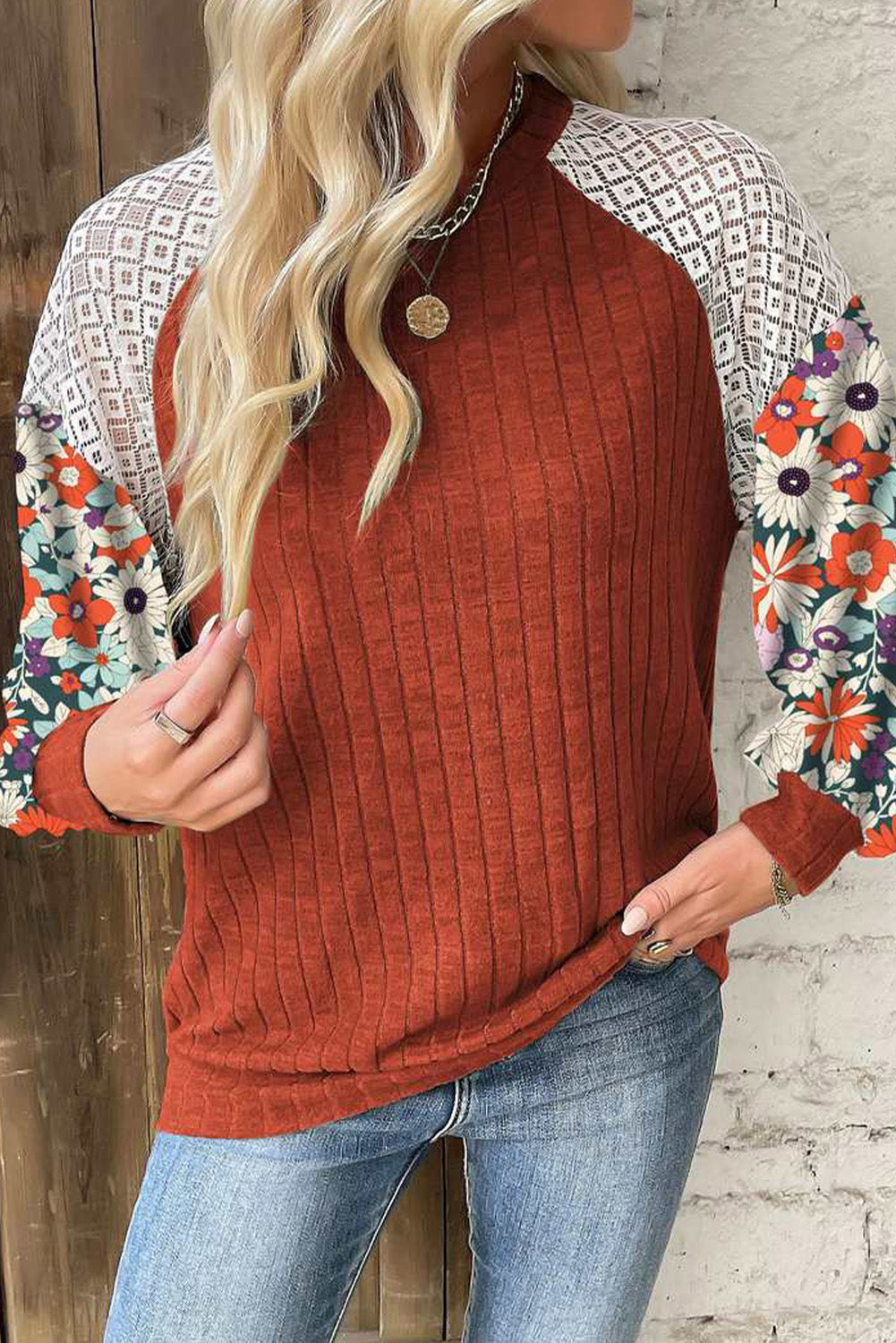 Black Floral Patchwork Long Sleeve Ribbed Blouse Top of Women