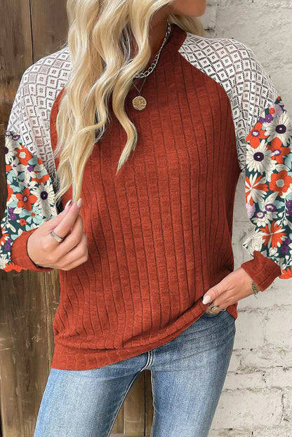 Black Floral Patchwork Long Sleeve Ribbed Blouse Top of Women