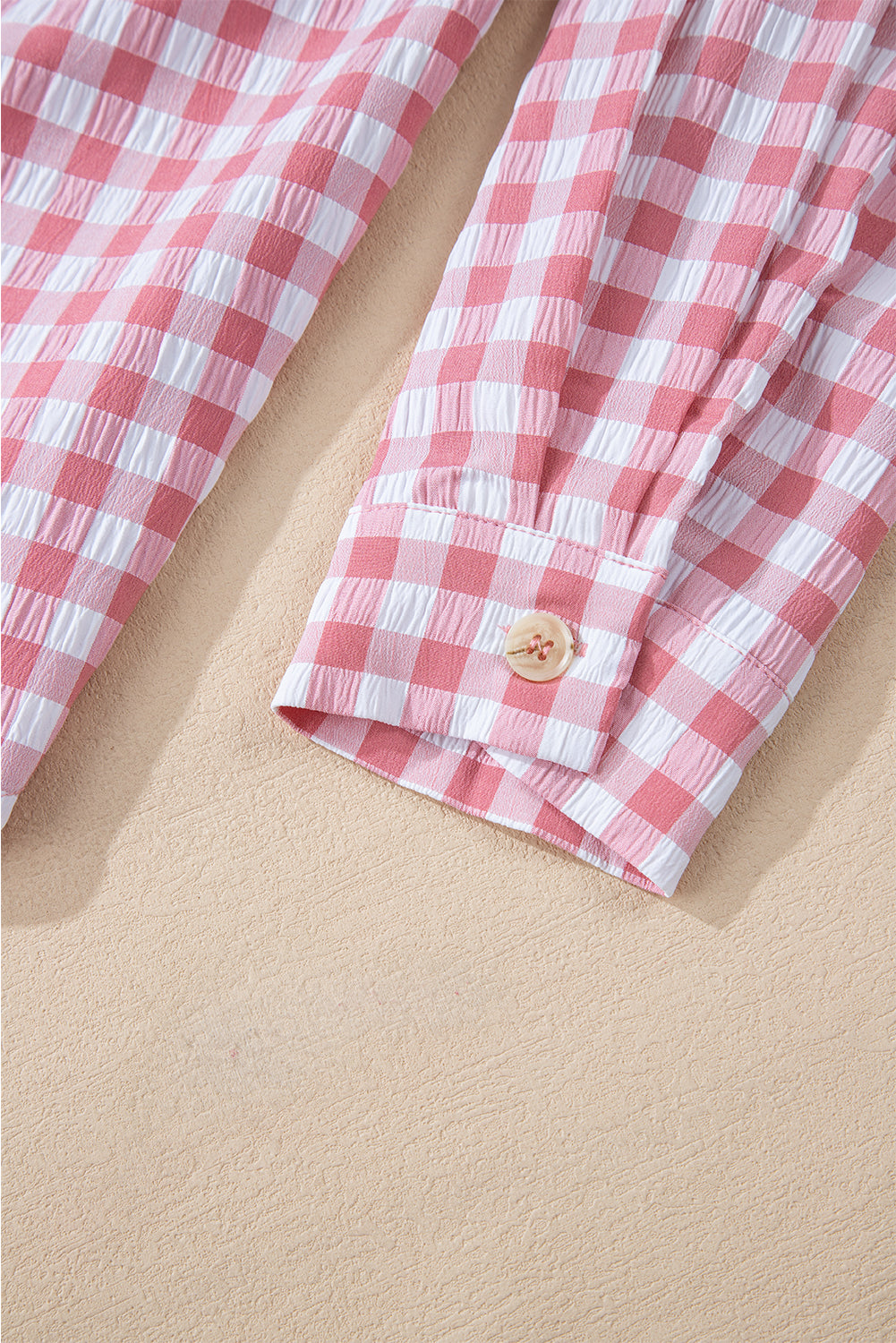 Pink Gingham Print Chest Pockets Buttoned Collared Shirt Top of Women