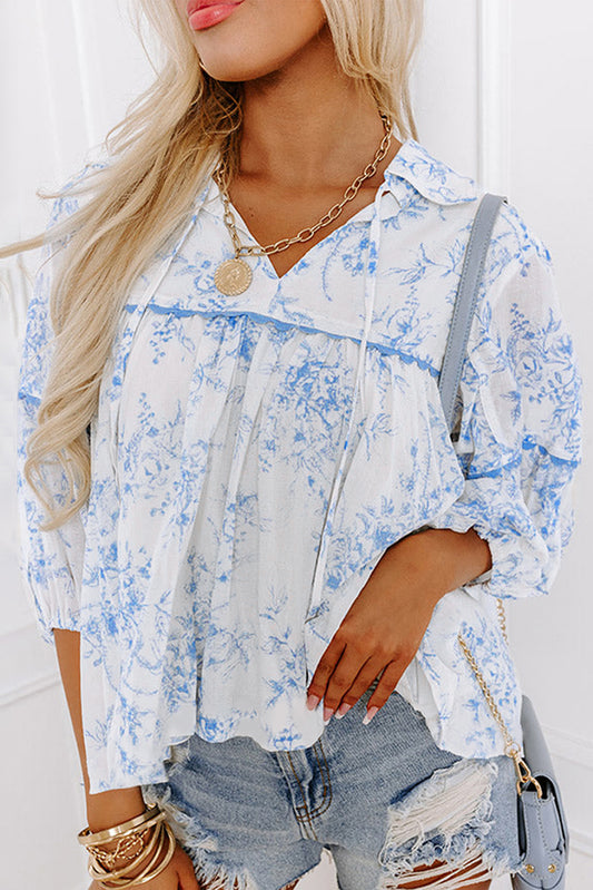 Sky Blue Floral 3/4 Sleeve Tied Collar Blouse Top of Women