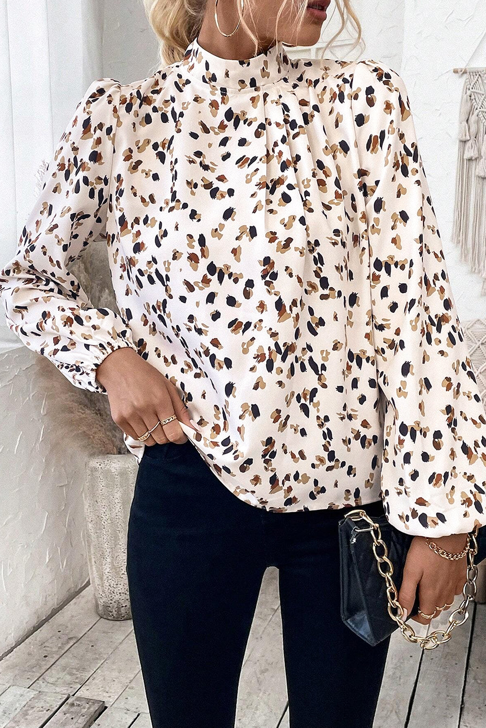 White Leopard Print Lantern Sleeve Mock Neck Pleated Blouse Top of Women