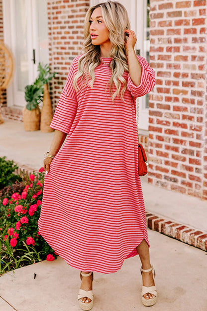 Strawberry Pink Striped 3/4 Sleeve Round Hem Shift T Shirt Dress for Women