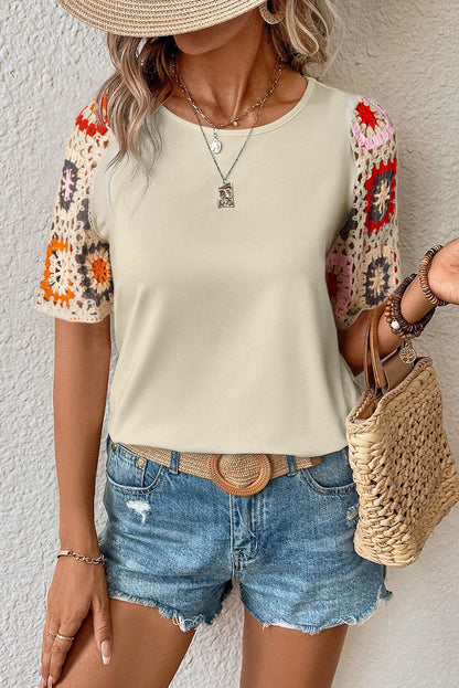 Medium Grey Floral Crochet Short Sleeve Top Tee T-shirt