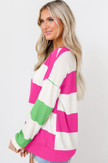 Light Blue Colorblock Striped Drop Shoulder Long Sleeve Top