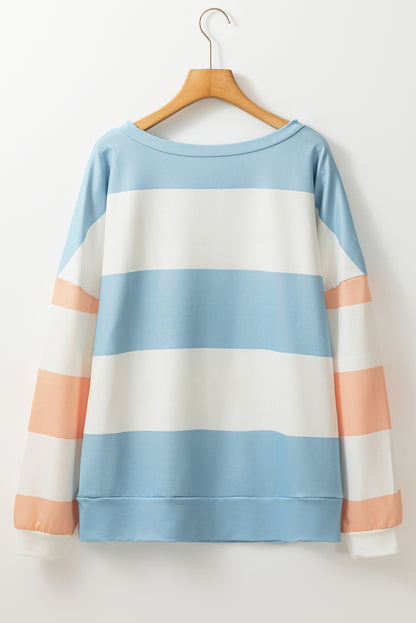 Light Blue Colorblock Striped Drop Shoulder Long Sleeve Top