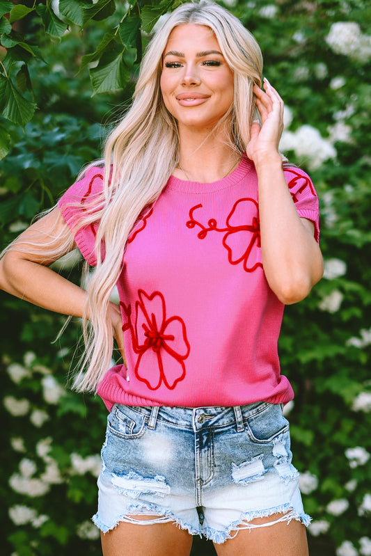 Bright Pink Flower Embroidery Short Sleeve Knitwear Top of Women