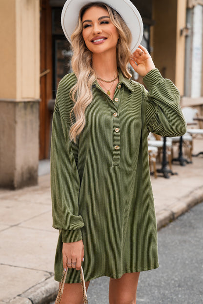 Moss Green Corded Buttons Placket Drop Shoulder Collared Shift Dress for Women