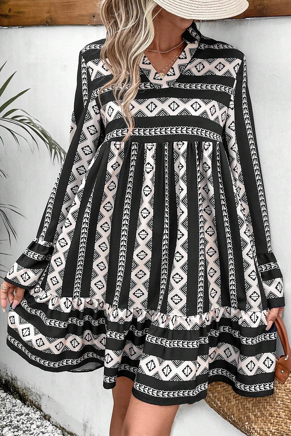 Black Boho Geometric Printed Flared Long Sleeve Mini Dress for Women