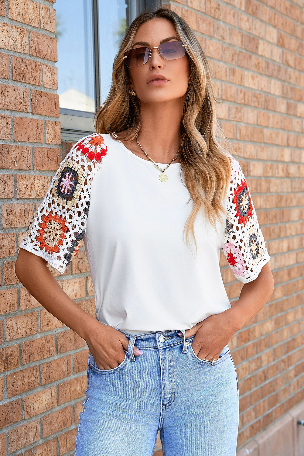 Medium Grey Floral Crochet Short Sleeve Top Tee T-shirt