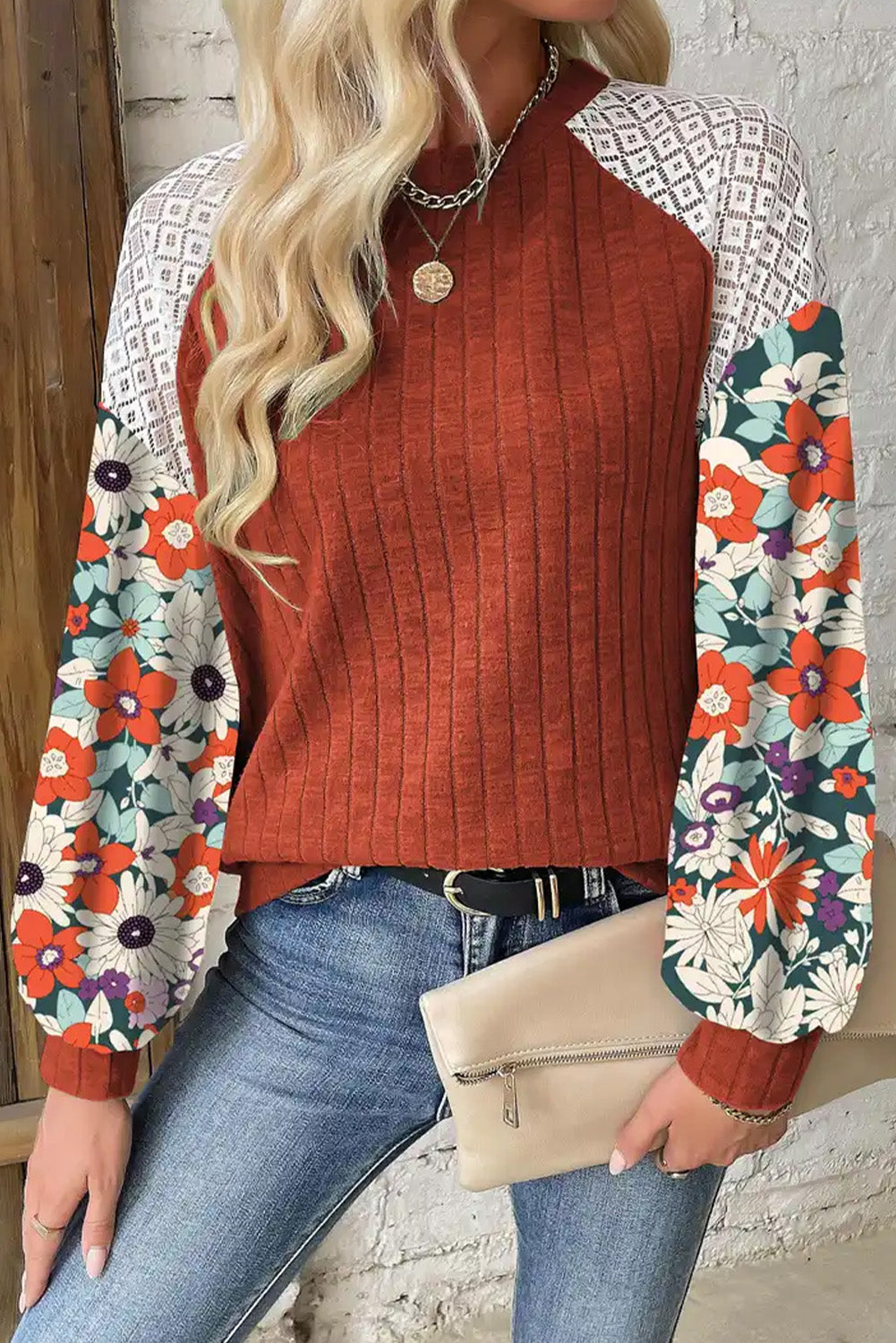 Black Floral Patchwork Long Sleeve Ribbed Blouse Top of Women