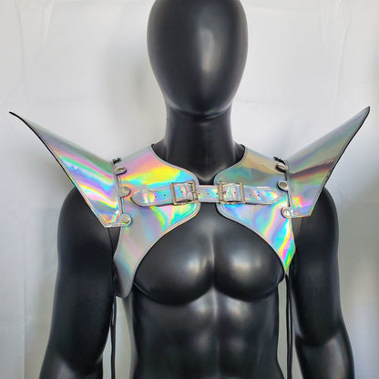 Burning Man Holographic Laser Silver Armure, Pièce d’épaule en argent Rave, Gilet d’armure d’argent du Festival, Costumes de carnaval d’épaulettes