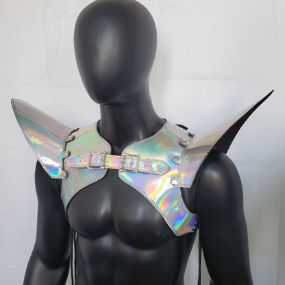 Burning Man Holographic Laser Silver Armure, Pièce d’épaule en argent Rave, Gilet d’armure d’argent du Festival, Costumes de carnaval d’épaulettes