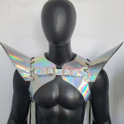 Burning Man Holographic Laser Silver Armure, Pièce d’épaule en argent Rave, Gilet d’armure d’argent du Festival, Costumes de carnaval d’épaulettes