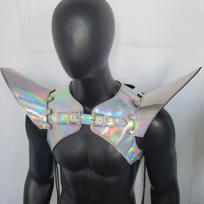 Burning Man Holographic Laser Silver Armure, Pièce d’épaule en argent Rave, Gilet d’armure d’argent du Festival, Costumes de carnaval d’épaulettes