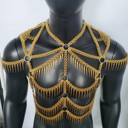 Burning Man Punk Spike Fringe Metal Rave Body Gold Chest Chain Harness Festival Wear