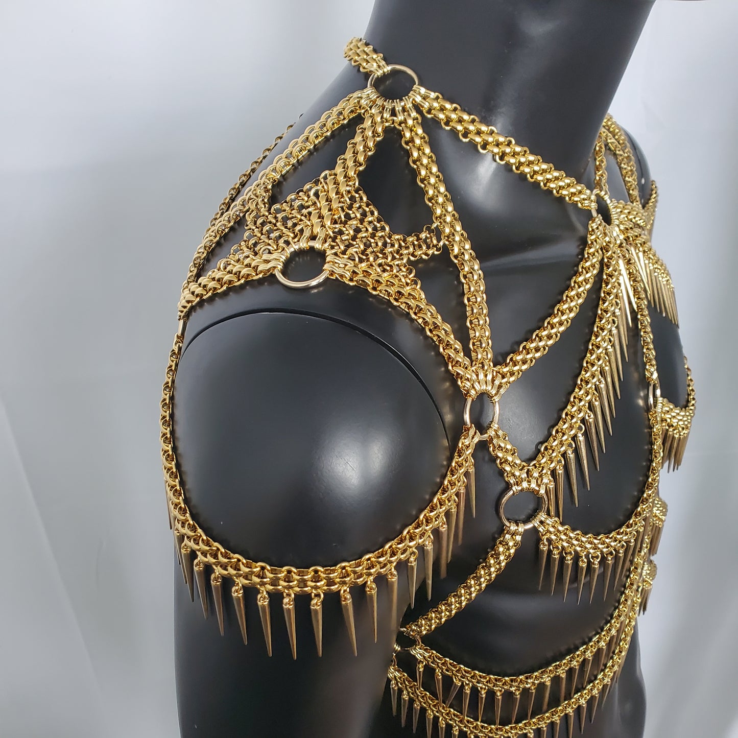 Burning Man Punk Spike Fringe Metal Rave Body Gold Chest Chain Harness Festival Wear