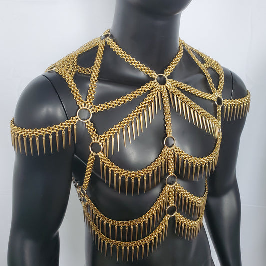 Burning Man Punk Spike Fringe Metal Rave Body Gold Chest Chain Harness Festival Wear