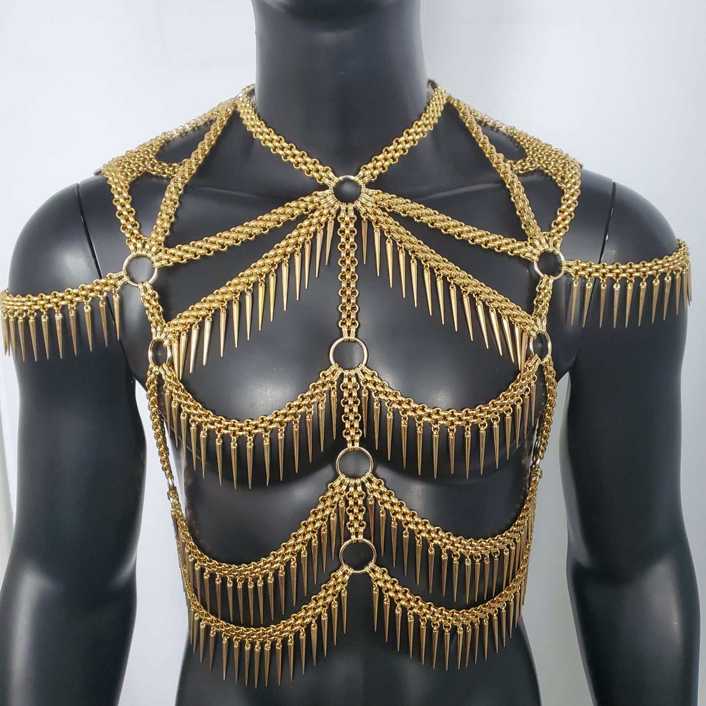 Burning Man Punk Spike Fringe Metal Rave Body Gold Chest Chain Harness Festival Wear