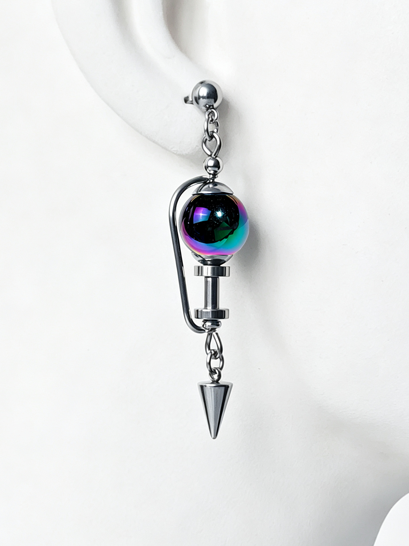 Handmade Stainless Steel Dangle Earring, Iridescent Black UV Bead Spike Drop Punk Earring Jewelry