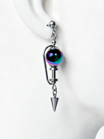 Handmade Stainless Steel Dangle Earring, Iridescent Black UV Bead Spike Drop Punk Earring Jewelry