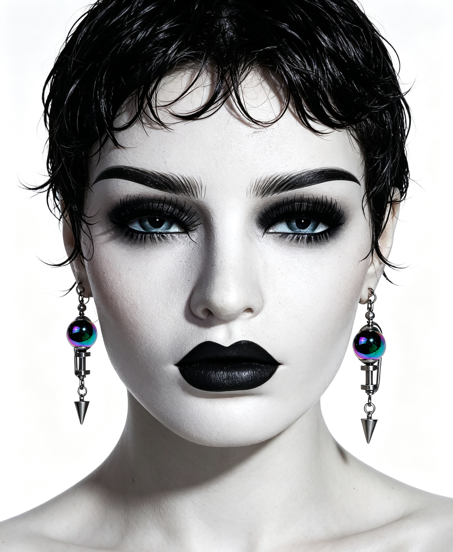 Handmade Stainless Steel Dangle Earring, Iridescent Black UV Bead Spike Drop Punk Earring Jewelry