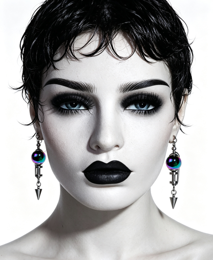 Handmade Stainless Steel Dangle Earring, Iridescent Black UV Bead Spike Drop Punk Earring Jewelry