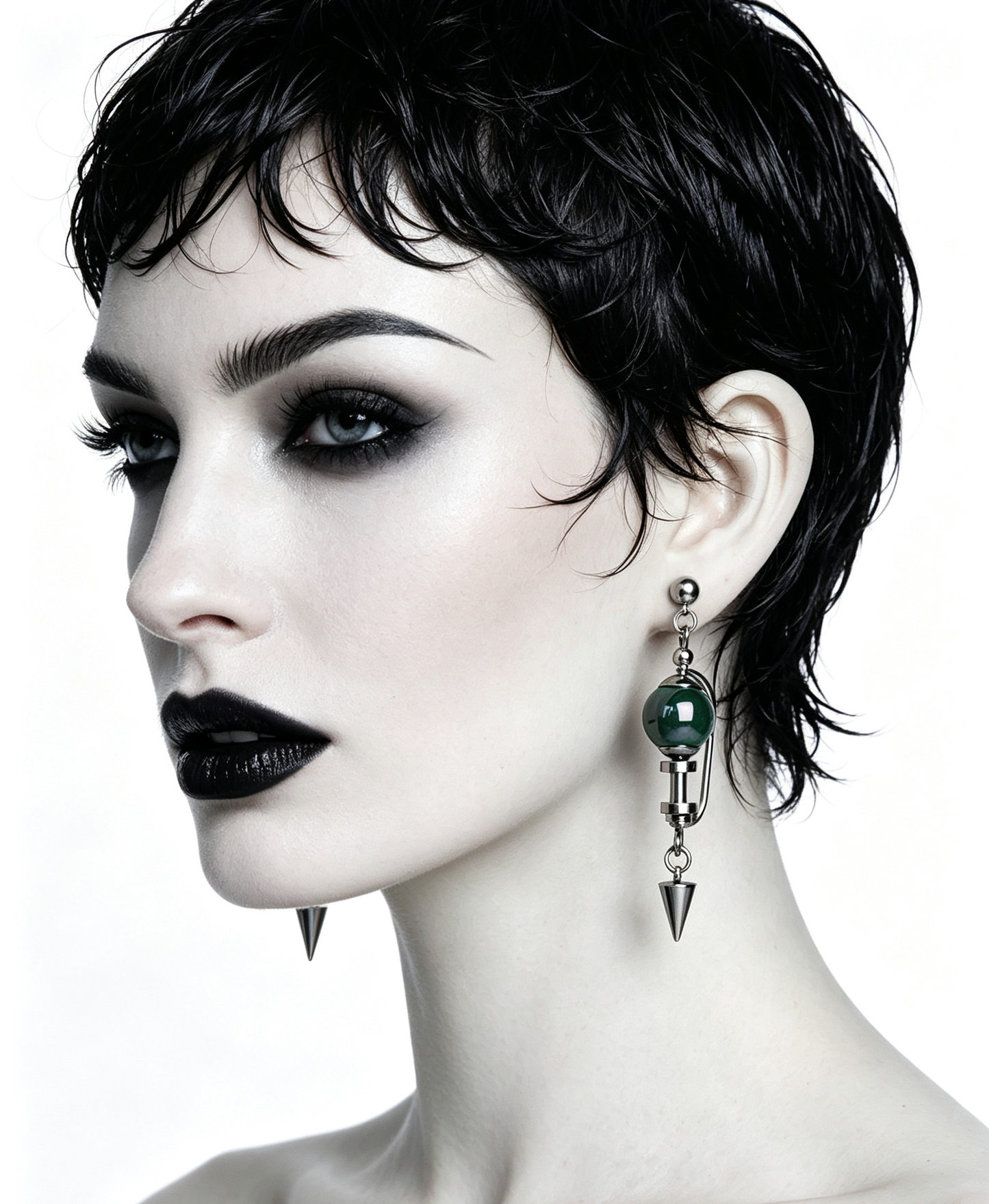Handmade Stainless Steel Dangle Earring, Iridescent Black UV Bead Spike Drop Punk Earring Jewelry