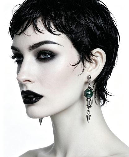 Handmade Stainless Steel Dangle Earring, Iridescent Black UV Bead Spike Drop Punk Earring Jewelry