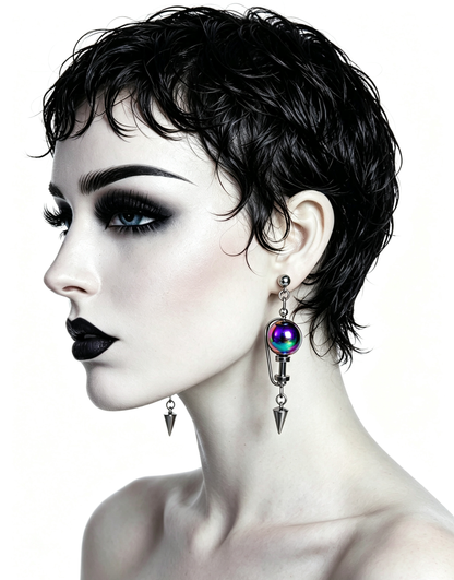 Handmade Stainless Steel Dangle Earring, Iridescent Black UV Bead Spike Drop Punk Earring Jewelry