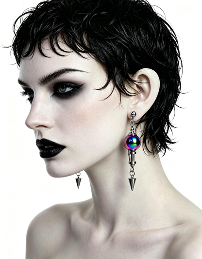 Handmade Stainless Steel Dangle Earring, Iridescent Black UV Bead Spike Drop Punk Earring Jewelry
