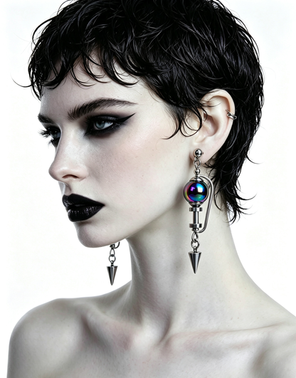 Handmade Stainless Steel Dangle Earring, Iridescent Black UV Bead Spike Drop Punk Earring Jewelry