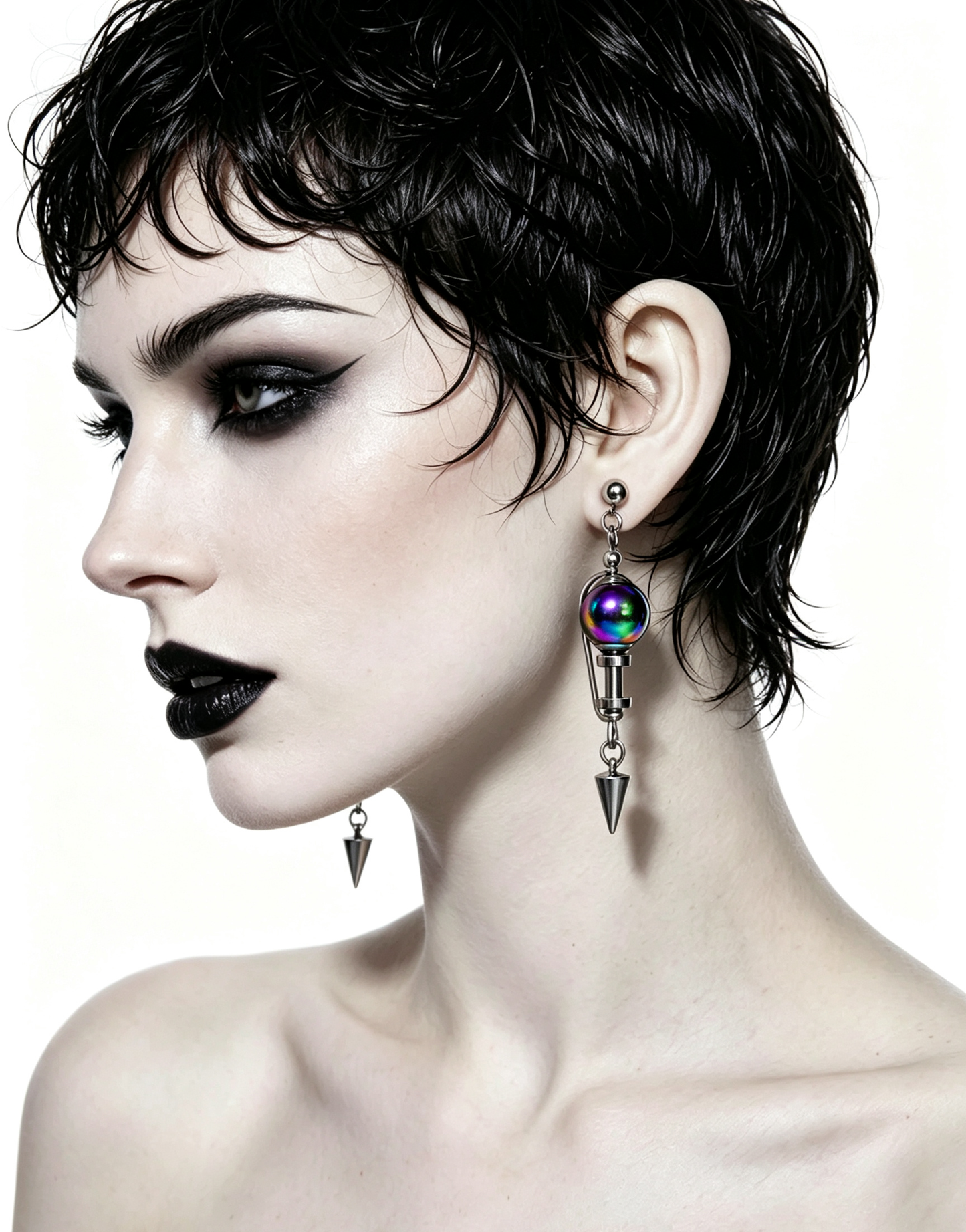 Handmade Stainless Steel Dangle Earring, Iridescent Black UV Bead Spike Drop Punk Earring Jewelry