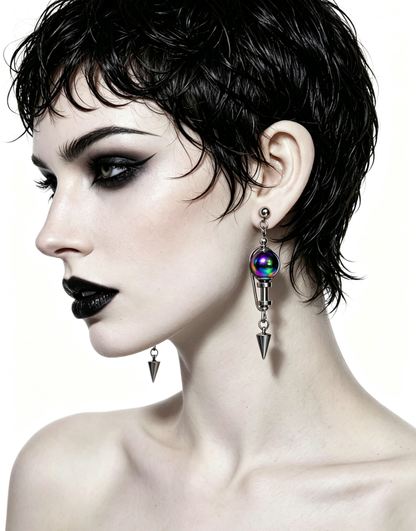 Handmade Stainless Steel Dangle Earring, Iridescent Black UV Bead Spike Drop Punk Earring Jewelry