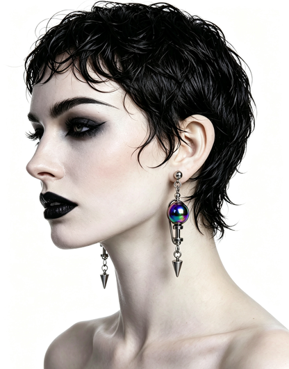Handmade Stainless Steel Dangle Earring, Iridescent Black UV Bead Spike Drop Punk Earring Jewelry