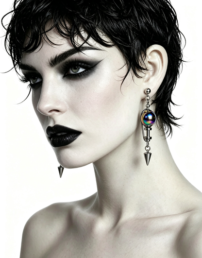 Handmade Stainless Steel Dangle Earring, Iridescent Black UV Bead Spike Drop Punk Earring Jewelry