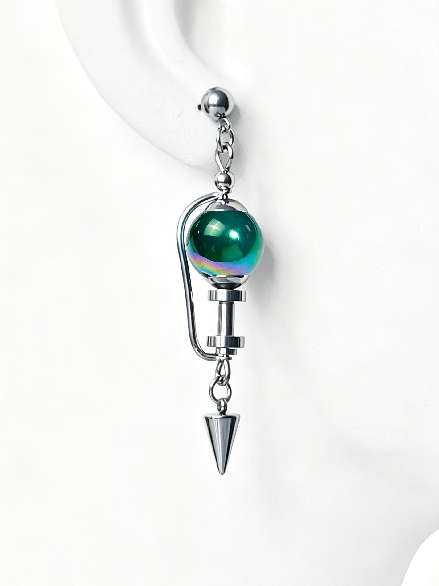 Handmade Stainless Steel Dangle Earring, Iridescent Green UV Bead Spike Drop Punk Earring Jewelry