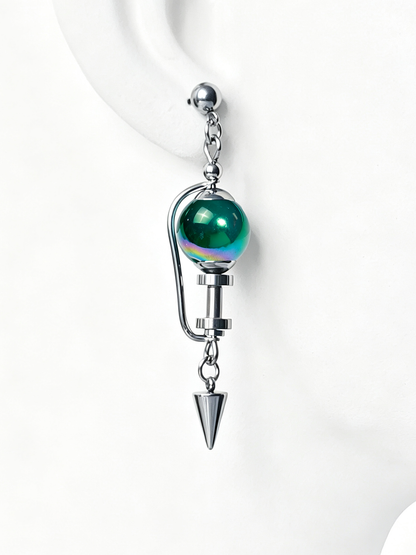 Handmade Stainless Steel Dangle Earring, Iridescent Green UV Bead Spike Drop Punk Earring Jewelry