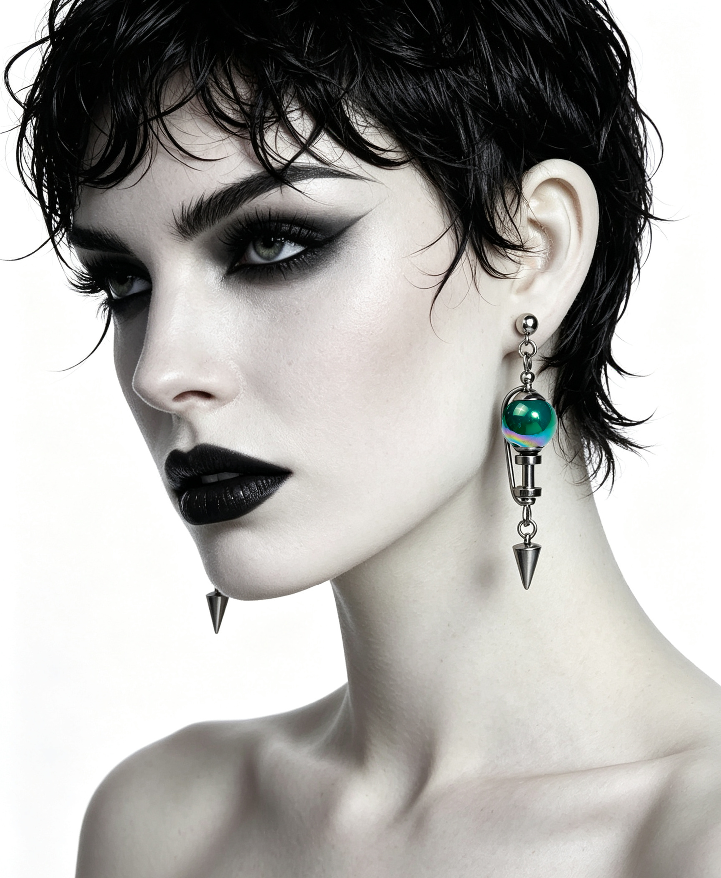 Handmade Stainless Steel Dangle Earring, Iridescent Green UV Bead Spike Drop Punk Earring Jewelry