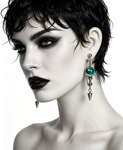 Handmade Stainless Steel Dangle Earring, Iridescent Green UV Bead Spike Drop Punk Earring Jewelry