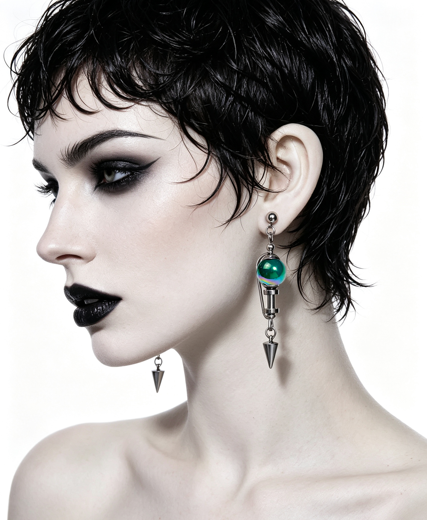 Handmade Stainless Steel Dangle Earring, Iridescent Green UV Bead Spike Drop Punk Earring Jewelry