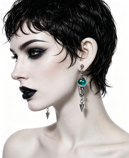 Handmade Stainless Steel Dangle Earring, Iridescent Green UV Bead Spike Drop Punk Earring Jewelry