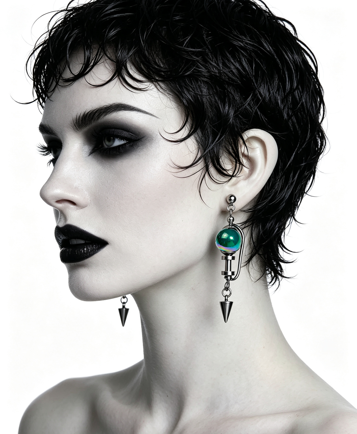 Handmade Stainless Steel Dangle Earring, Iridescent Green UV Bead Spike Drop Punk Earring Jewelry