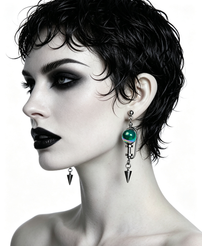 Handmade Stainless Steel Dangle Earring, Iridescent Green UV Bead Spike Drop Punk Earring Jewelry