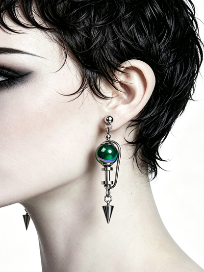 Handmade Stainless Steel Dangle Earring, Iridescent Green UV Bead Spike Drop Punk Earring Jewelry