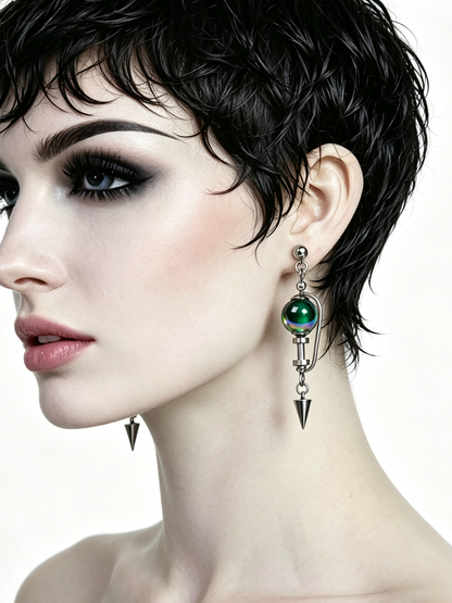 Handmade Stainless Steel Dangle Earring, Iridescent Green UV Bead Spike Drop Punk Earring Jewelry