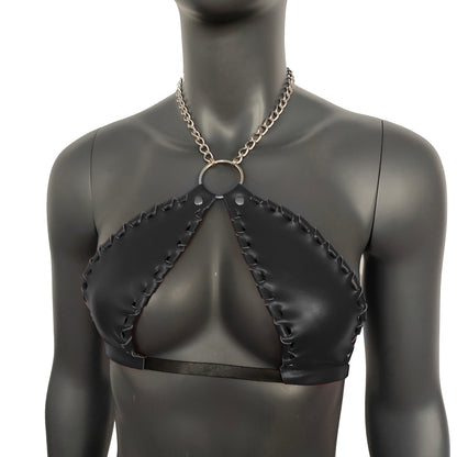 Gothic Black Vinyl Vampira Cross Top Bra with Chain