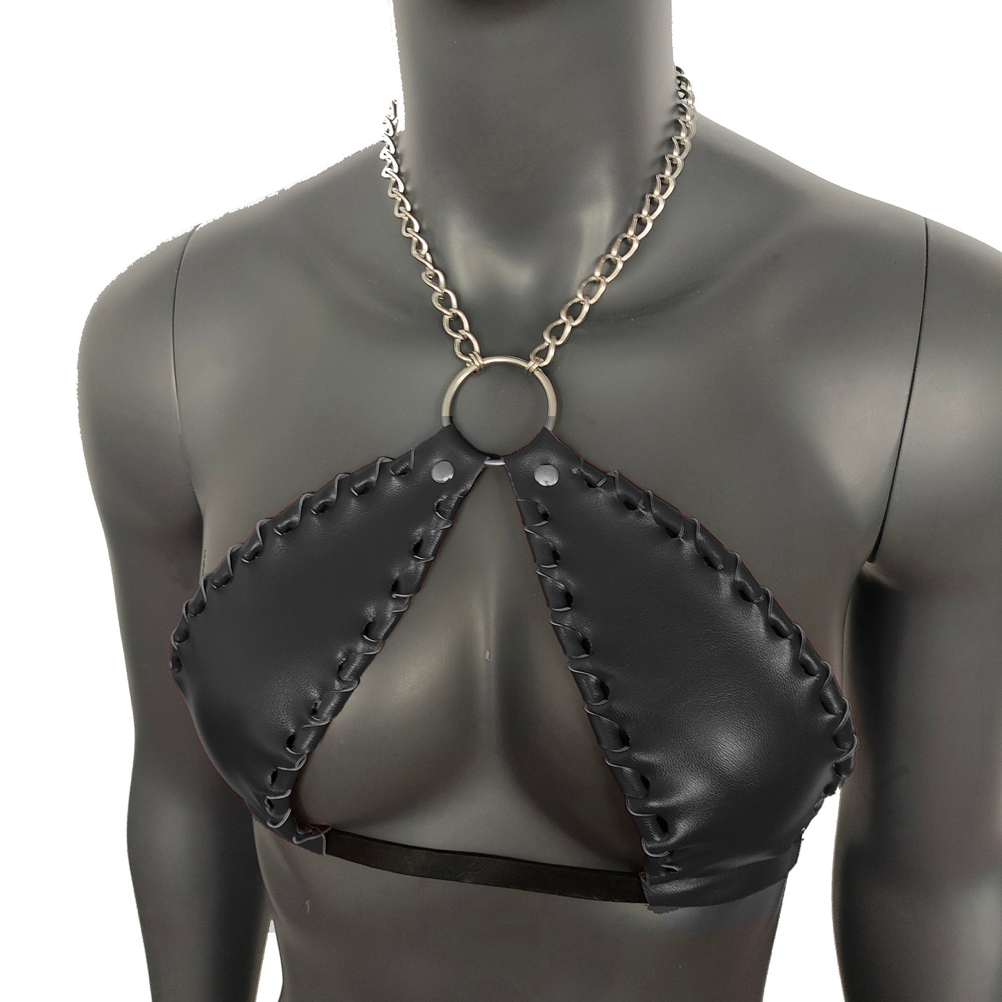 Gothic Black Vinyl Vampira Cross Top Bra with Chain