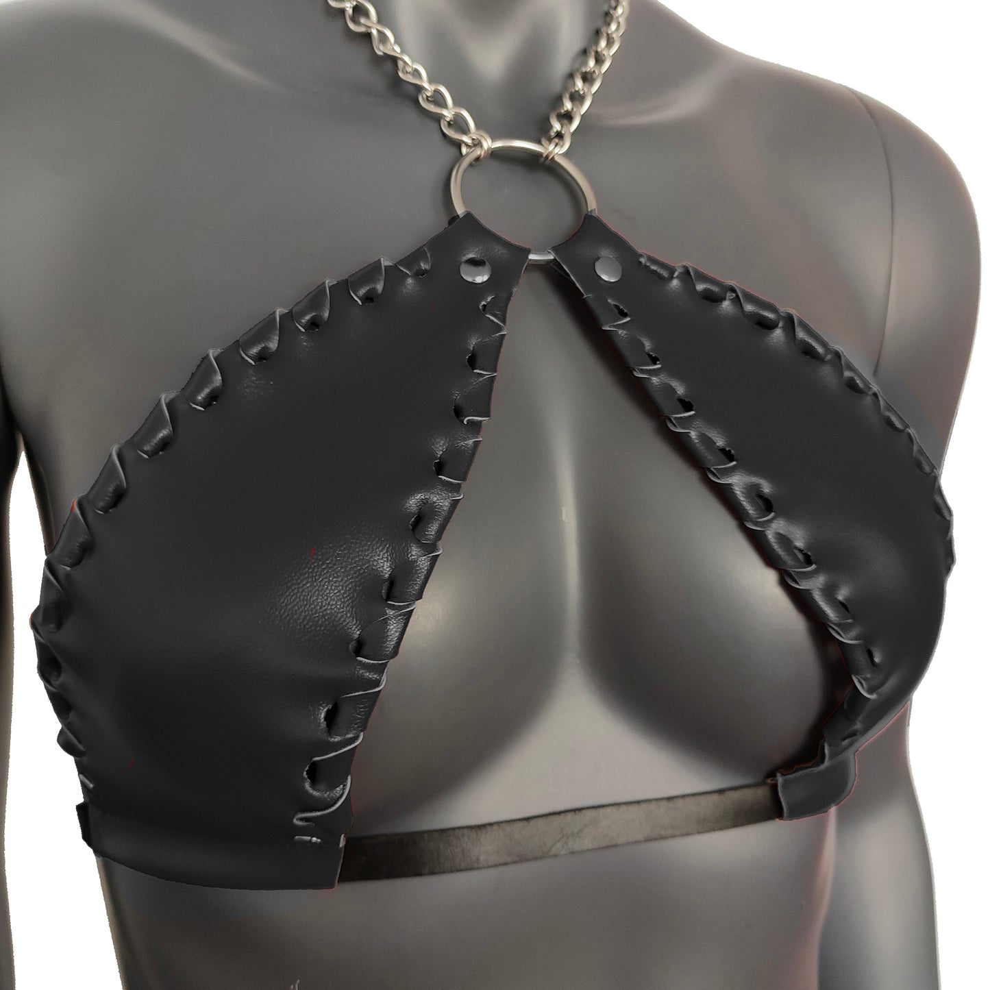 Gothic Black Vinyl Vampira Cross Top Bra with Chain