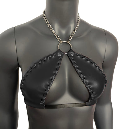 Gothic Black Vinyl Vampira Cross Top Bra with Chain