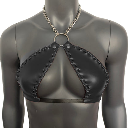 Gothic Black Vinyl Vampira Cross Top Bra with Chain